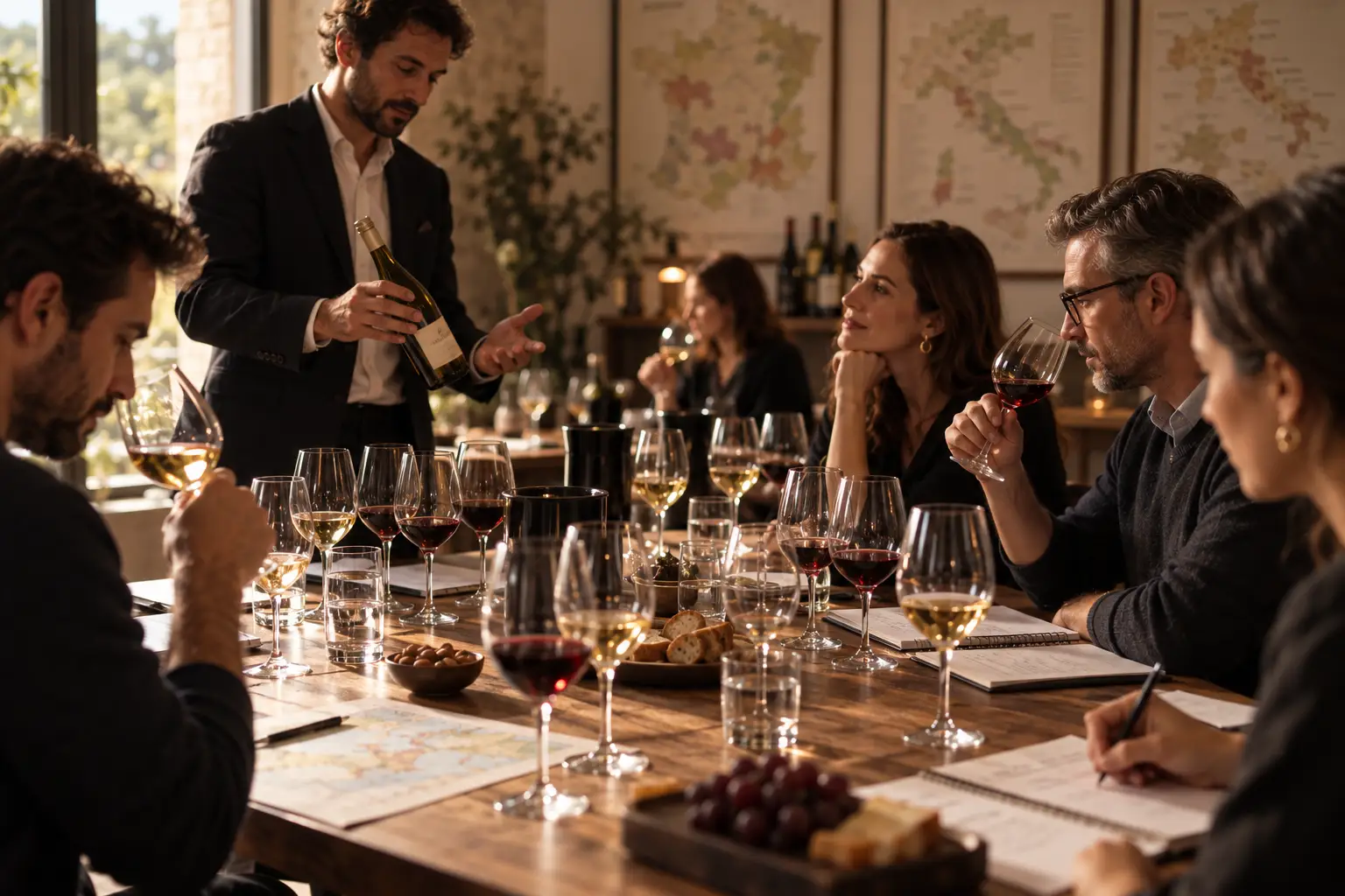 Grupo participando de uma aula sobre vinhos