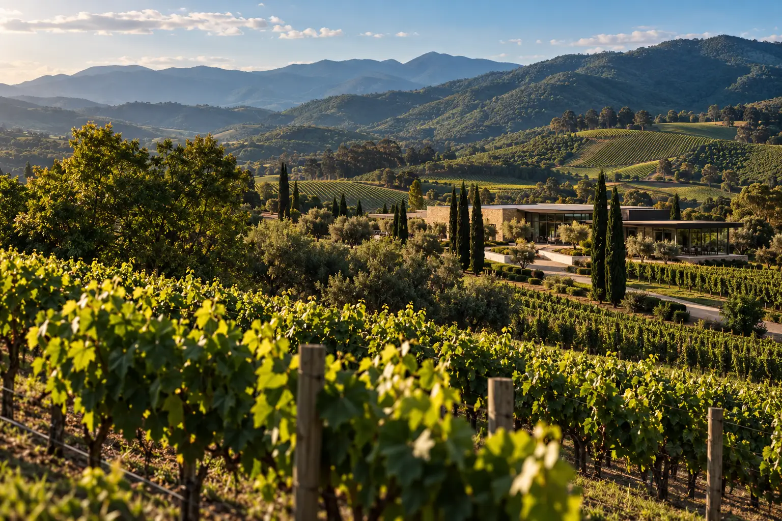 Vinhedos entre montanhas e propriedades rurais